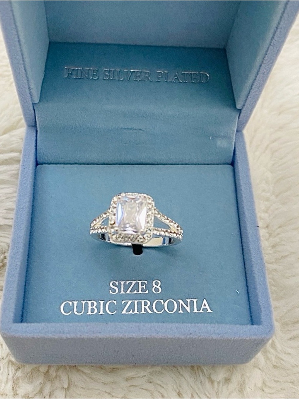 Fine Silver-Plated Emerald Cut Cubic Zirconia Ring New - Picture 3 of 15